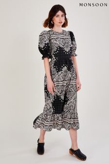 Monsoon Scarf Print Poplin Black Midi Dress (C04697) | 117 €