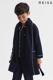 Reiss Navy Snuggle Senior Piped Fleece Dressing Gown Nightwear (C04748) | TRY 969