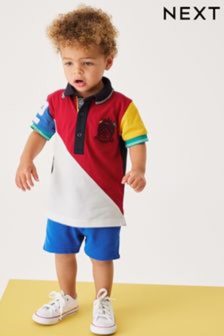 Red/Blue Short Sleeve Colourblock Pique Jersey Polo Shirt And Shorts Set (3mths-7yrs) (C04789) | $25 - $32