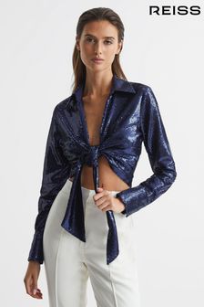 Reiss Dark Blue Hannah Tie Front Sequin Top (C04852) | $360