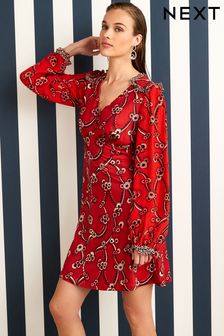 Celia Birtwell Red Mystic Daisy Long Sleeves Ruffle Trim Mini Dress (C04883) | €25
