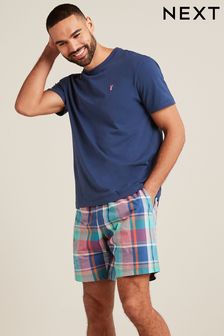 Navy Blue/Pink Check Lightweight Short Pyjama Set (C04956) | $42