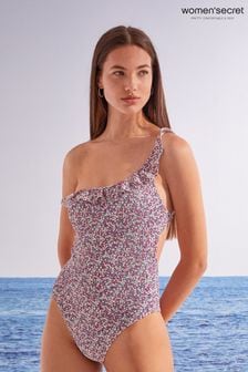 Women'secret Pink Floral Print Flounced Asymmetric Swimsuit (C04979) | €17
