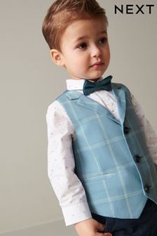  (C05165) | HK$279 - HK$314 藍色方格圖案 - 西裝背心套裝帶襯衫和蝴蝶結領帶 (3個月至7歲)