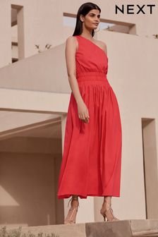 Red One Shoulder Elasticated Waist Midi Dress (C05242) | €38