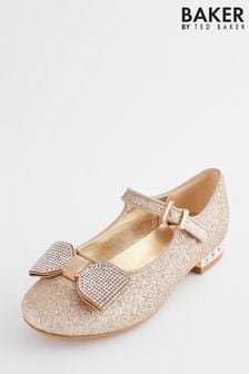 Baker by Ted Baker Girls Gold Glitter Shoes with Rhinestone Bow