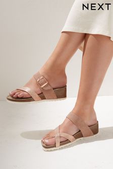 Rose Gold Forever Comfort® Leather Wedge Sandals with Buckle Detailing (C05351) | EGP882