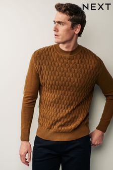 Caramel Brown Knitted Textured High Crew Jumper (C05554) | 23 €