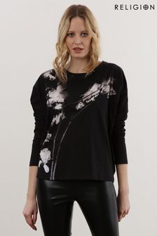 Religion Black Long Sleeve Sustainable Jersey Top (C05573) | kr753