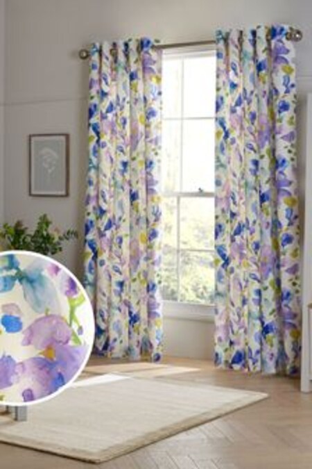 Blue/Purple Watercolour Floral Eyelet Lined Curtains (C05646) | €39 - €126