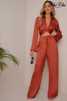 Chi Chi London Orange Satin Wide Leg Elasticated Waist Trousers (C05665) | €51