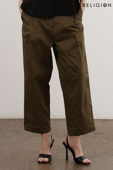 Religion Khaki Green Dress Up Casual Cargo Gleam Trousers With Pockets (C05738) | $154