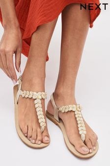 Gold Regular/Wide Fit Forever Comfort® Leather Jewel Toe Post Flat Sandals (C05902) | €47