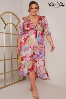 Chi Chi London Pink Curve Tie Front Floral Print Midi Dress (C05989) | ₪ 292