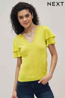 Bright Yellow Linen Ruffle Sleeve V-Neck Top (C06382) | €8