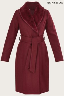 Monsoon Red Rufus Faux Fur Collar Belted Coat (C06606) | ₪ 880