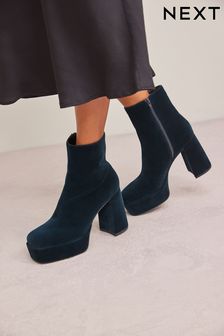 Teal Blue Velvet Platform Ankle Boots (C06735) | 227 zł
