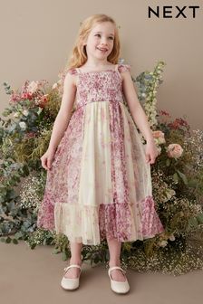Pink/ Ecru White Floral Print Mesh Strappy Midi Dress (3-16yrs) (C06799) | 21 € - 26 €