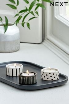 Zestaw 3 ceramicznych mini świeczników na tealighty z geometrycznym wzorem (C06827) | 54 zł