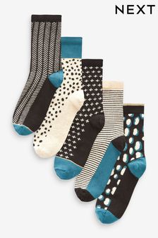 Black/White/Teal Blue Spots And Stripes Ankle Socks 5 Pack (C06992) | €7.50