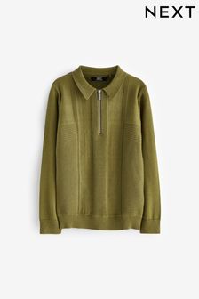 Khaki Green Textured Knit Zip Neck Long Sleeve Polo Shirt (3-16yrs) (C07079) | €21 - €28