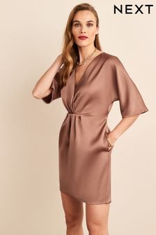Bronze Brown Satin Draped Mini Dress (C07107) | €37