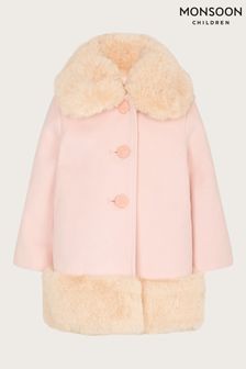 Розовое пальто для малышей с отделкой искусственным мехом Monsoon (C07357) | €34 - €38