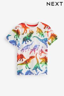 Regenbogen und Dinodetail, Weiss - Kurzärmeliges T-Shirt mit durchgehendem Print (3-16yrs) (C07530) | 8 € - 13 €