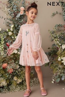 Pink Floral Embroidered Occasion Mesh Dress (3-16yrs) (C07681) | €29 - €35