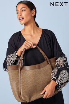 Tan Brown Raffia Shopper Bag (C07764) | $58