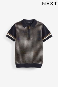 Black/Tan Knitted Short Sleeve Geo Pattern Polo Shirt (3-16yrs) (C07769) | $38 - $53