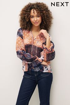 Navy Blue Patch Print Long Sleeve V-Neck Sheer Blouse with Lace Trim Detail (C07985) | 18 €