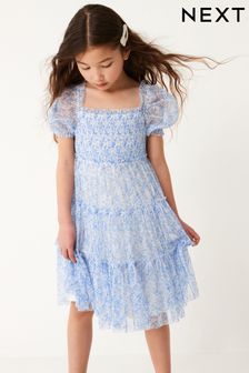 Blue Floral Mesh Tiered Dress (3-16yrs) (C08093) | €24 - €30
