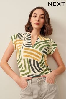 Ecru Tropical Print Plisse Notch Neck Top (C08149) | €20.50