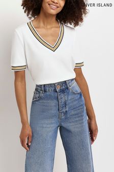 River Island - Wit T-shirt met V-hals, korte mouwen en contrasterende randstrepen (C08181) | €33
