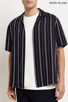River Island Navy Blue Short Sleeve Slinky Stripe Revere Shirt (C08305) | €18.50