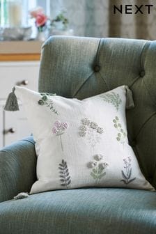 Sage Green Embroidered Floral Cushion (C08384) | DKK184