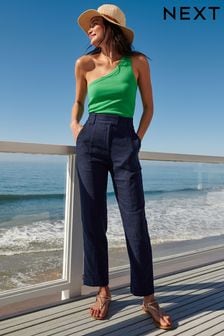 Navy Blue Linen Blend Taper Trousers (C08697) | CA$45