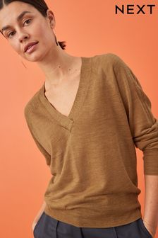 Brown V-Neck Long Sleeve Top with Linen (C08773) | 33 €