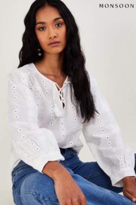 Monsoon White Schiffli Embroidered Long Sleeve Top (C08836) | 66 €