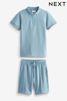 Light Blue Zip Neck Short Sleeve Polo Shirt And Shorts Set (3-16yrs) (C09191) | €12 - €19
