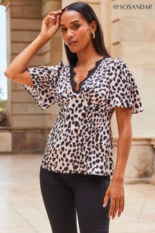 Sosandar Black/White Leopard Print Slim Fit Lace Trim Top (C09521) | €62