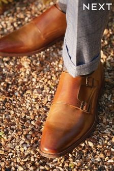 Tan Brown Square Toe Double Strap Monk Shoes (C09557) | kr799