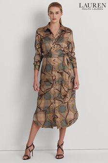 Lauren Ralph Lauren Shadny Check Chain Print Tan Brown Shirt Dress (C09594) | 147 €