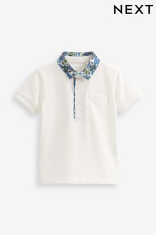 White Short Sleeve Polo Shirt With Floral Print Collar (3mths-7yrs) (C09688) | €5.50 - €6