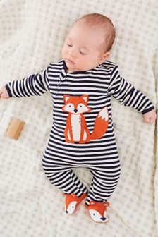 JoJo Maman Bébé Navy Ecru Stripe Fox Appliqué Zip Cotton Baby Sleepsuit (C09716) | OMR11