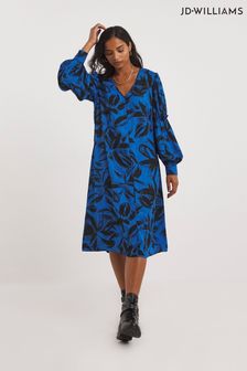 Jd Williams Blue Print Balloon Frill Sleeve Waisted Swing Dress With Pockets And Piping Details (C10302) | 101 zł