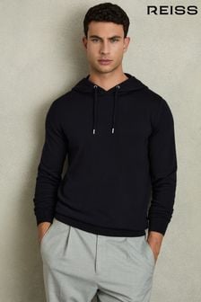 Reiss Navy Holland Merino Wool Drawstring Hoodie (C10582) | $173