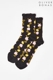 Oliver Bonas Bohemian Floral Print Black Ankle Socks (C10690) | €9