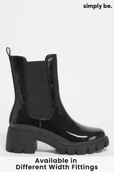 Simply Be Black Patent Cleated Block Heel Calf Height Boots Ex Wide Fit (C10759) | 165 zł